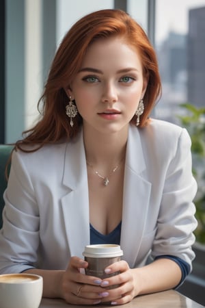Full body photograph of a girl, 20 years old, red hair, green eyes, long hair, blue t-shirt, white jacket, white jeans, blue sneakers, beautiful silver earrings, very beautiful, beautiful, sensual girl. Elegant, sitting, (((drinking a coffee inside a hotel))), in front of a window, in New York, photo realistic, RAW photo, HDR, UHD, 64 k, dynamic agle, cinematic, shap focus, insane details, highly detailed, masterpice