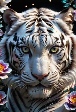 Close-up image of an alvin white tiger, alvin tiger, detailed tiger face, shiny tiger skin, detailed tiger eyes, black background, (((fantasy flowers))), (((multicolored flowers))), (((highly detailed flowers))), (((beautiful flowers)))), (((large flowers))), hyper-realistic illustration, ultra-realistic, creates a fascinating visual spectacle, vibrant colors, sharp shapes, HDR, UHD, 64k, dynamic angle, cinematic, shape focus, incredible details, highly detailed, masterpiece, photorealistic,glitter,crystalz,shiny