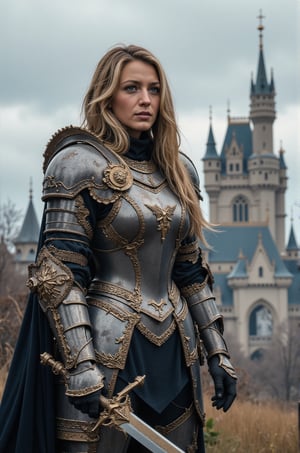 Blake Lively, 16K, UHD, long blonde hair, A portrait of a gray knight wearing a wolf armor and holding a gray blade pointed to the sky, gray cape, giant castle, cinematic, FredFraiStyle, Knight,Armor,Warrior