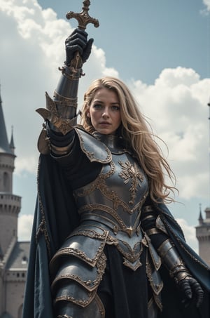 Blake Lively, 16K, UHD, long blonde hair, A portrait of a gray knight wearing a wolf armor and holding a gray blade pointed to the sky, gray cape, giant castle, cinematic, FredFraiStyle, Knight,Armor,Warrior