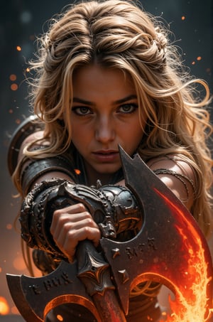 Blake Lively, 16K, UHD, long blonde hair, In a dramatic close-up shot, a blonde girl warrior's hands grasp a colossal battle axe, its foreboding blade aglow with fiery red runes and surrounded by whirling embers and flames. The spiked handle and hell-forged metal seem to radiate dark energy. As the girl warrior swings the axe with calculated ferocity, the camera captures the intense motion, highlighting the sword weight and force as it slices through the air.