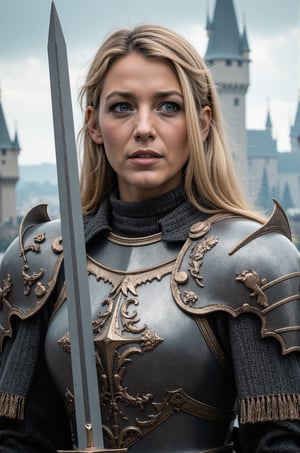 Blake Lively, 16K, UHD, long blonde hair, A portrait of a gray knight wearing a wolf armor and holding a gray blade pointed to the sky, gray cape, giant castle, cinematic, FredFraiStyle, Knight,Armor,Warrior