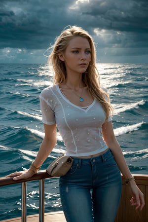 (extremely detailed,  realistic,  perfect lighting,  vibrant colors, intricate details, absurdres), (masterpiece,  high detailed skin:1.3), 1girl, solo, thin body, perfect mouth, light blonde hair, layered hair, (upper body view 1:1), {slender legs, tall body, soft curves, (wearing short jeans and white shirts), luxury yacht, luxurious, deck of yacht, inside yacht, (stormy sea, gloomy dark clouds:1.2) on background, (splashes, water drops, rain:1.25), (seafoam), crystal clear water, fashion model, unforgettable beauty, looking longingly in love, lifelike rendering, }, perfect light,
{ seducing, },