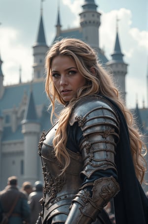 Blake Lively, 16K, UHD, long blonde hair, A portrait of a gray knight wearing a wolf armor and holding a gray blade pointed to the sky, gray cape, giant castle, cinematic, FredFraiStyle, Knight,Armor,Warrior