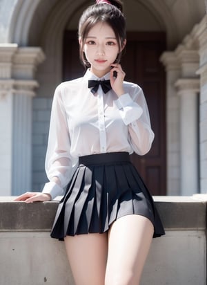 1 young student with beautiful face, in university, dynamic, sexy posture, wearing student uniform, (white shirt:1.1), (black pleated skirt:1.1), (see-through:1.3), (legs spread), hands on chest, youthful, ponytail, campus background, solo, masterpieces, best quality, high resolution, bright scene, rich color, low contrast,