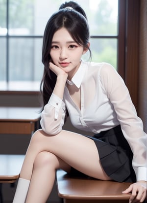 1 young student with beautiful face, in university, dynamic, sexy posture, wearing student uniform, (white shirt:1.1), (black pleated skirt:1.1), (see-through:1.3), (legs spread), hands on chest, youthful, ponytail, campus background, solo, masterpieces, best quality, high resolution, bright scene, rich color, low contrast,