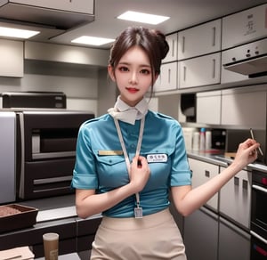 1 slim flight crews with beautiful and small face, single bun hair, wearing blue stain shirt and white pencil skirt, name tag, silk scarf, flight badge, black pantyhose, hand on chest, in flight kitchen, look at viewer,  best quality, 4K resolution,