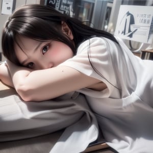 A (slim:1.4) female student, innocent look, (no makeup), wearing (vest, short sleeves short:1.3), lying on table, (arm bent, arms crossed), (reveal partial face, no lips), black hair, hair accessory, sexy, (look at viewer:1.1), RAW, masterpieces, high resolution, bright scene, soft color, low contrast, 