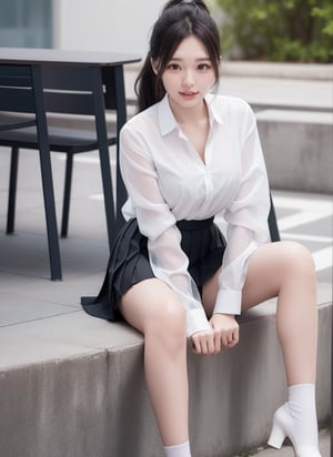 1 young student with beautiful face, in university, dynamic, sexy posture, wearing student uniform, (white shirt:1.1), (black pleated skirt:1.1), (see-through:1.3), (legs spread), hands on chest, youthful, ponytail, campus background, solo, masterpieces, best quality, high resolution, bright scene, rich color, low contrast,