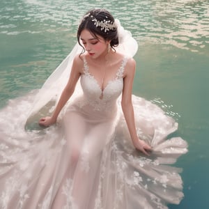 1 beautifu bride (soaking in shallow water), (wet, infiltrate, soak, sinking:1.8), wearing FloraSheer Dress, bridal, sheer, (see-through), lace, (with head), hair ornament, black hair, bird's eye view, full body, (best anatomy), look at viewer, romantic, (mucha style), (solo:1.8), masterpieces, best quality, high resolution, bright scene, soft color, low contrast, (water ripples)