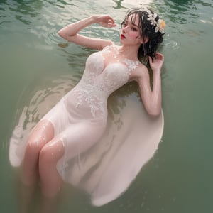 1 beautifu bride (floating flat in shallow water:1.3), (water cover her body:1.5), (wet, infiltrating, soaking, sinking:1.7), wearing FloraSheer Dress, bridal, sheer, (see-through), lace, (with head), hair ornament, black hair, bird's eye view, full body, (best anatomy), look at viewer, romantic, (mucha style), (solo:1.8), masterpieces, best quality, high resolution, bright scene, soft color, low contrast, (water ripples)