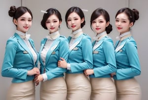 3 slim flight crews with beautiful and small face, single bun hair, black hair, wearing blue stain shirt and white pencil skirt, jacket, name tag, silk scarf, flight badge, hairpin, black pantyhose, group photo, cowboy shot, look at viewer, attractive and sexy posture, 