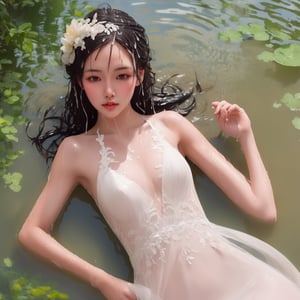 1 beautifu bride (lying flat in shallow water:1.2), (water cover her body:1.4), (wet, infiltrating, soaking, sinking:1.7), wearing FloraSheer Dress, bridal, sheer, (see-through), lace, (with head), hair ornament, black hair, bird's eye view, full body, (best anatomy), look at viewer, romantic, (mucha style), (solo:1.8), masterpieces, best quality, high resolution, bright scene, soft color, low contrast, (water ripples)