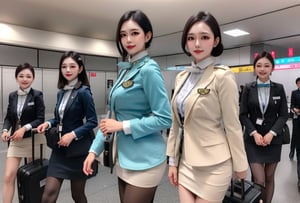 3 slim flight crews with beautiful and small face, single bun hair, black hair, wearing blue stain shirt and white pencil skirt, jacket, name tag, silk scarf, flight badge, hairpin, black pantyhose, airport, walking, luggage, cowboy shot, look at viewer