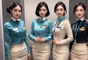 3 slim flight crews with beautiful and small face, single bun hair, black hair, wearing blue stain shirt and white pencil skirt, jacket, name tag, silk scarf, flight badge, hairpin, black pantyhose, group photo, cowboy shot, look at viewer, attractive and sexy posture, 