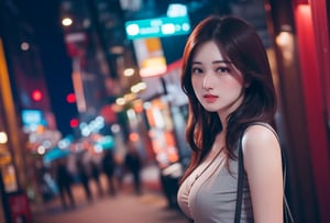 1 lady with beautiful face, medium breasts, fashion, gorgeous, sweet girl, fashion hair style, lip stain, elegant posture, in the modern city, cowboy shot, (solo:1.2), masterpieces, best quality, high resolution, (bright scene:1.3), soft color, dark background, blurred background 