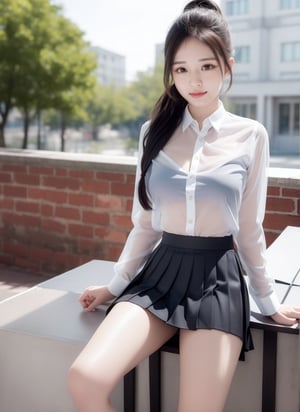 1 young student with beautiful face, in university, dynamic, sexy posture, wearing student uniform, (white shirt:1.1), (black pleated skirt:1.1), (see-through:1.3), (legs spread), hands on chest, youthful, ponytail, campus background, solo, masterpieces, best quality, high resolution, bright scene, rich color, low contrast,