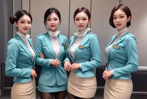 3 slim flight crews with beautiful and small face, single bun hair, black hair, wearing blue stain shirt and white pencil skirt, jacket, name tag, silk scarf, flight badge, hairpin, black pantyhose, group photo, cowboy shot, look at viewer, attractive and sexy posture, 