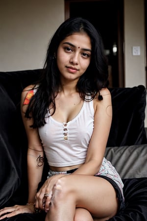 beautiful cute young attractive indian teenage girl, 18 years old, cute,  Instagram model, long black_hair, colorful hair, warm, dacing, in home sit at  sofa, indian 