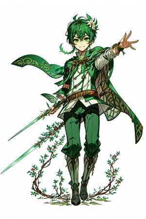 best quality
, masterpiece
, highres
,originaloutfit,  kneehigh, shirt, jacket, cape,
wand, holding wand,1 young boy,13years old,smile
, bangs, GREEN_hair,  green_eyes,
Green flower hair ornament on the upper right side of the head,
,Rorowa,perfect,, looking at viewer, close-up,swordup-pose-richy