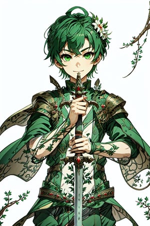 best quality, masterpiece, highres
,originaloutfit, , jacket, cape,
, holding sword,1 young boy,13years old,smile
, bangs, GREEN_hair,  green_eyes,
Green flower hair ornament on the upper right side of the head,
,Rorowa,perfect,, looking at viewer, 
swordup,close-up,swordup-pose-richy
