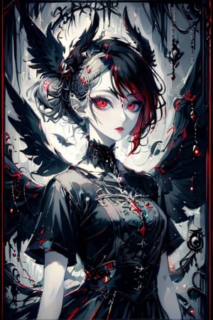 T-Shirt Design, border, sensual image of a beautiful female demon, large black feathered wings, satanic symbology, black red and grey colors, Decora_SWstyle,SelectiveColorStyle,1colorpop