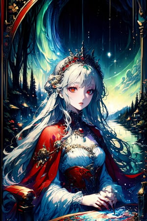 (masterpiece, best quality), 1girl, solo, (the empress:1.15), platinum blonde, long hair, (red cape), Curtain, white dress, queen dress, aurora, (sunshine, sky, river, forest), expressionless, red eyes, very long hair, (art nouveau:1.2), alphonse mucha, tiara, (face focus, upper body), sit, (red throne:1.12), tiara, crossing legs, highly intricate details, realistic light, smile