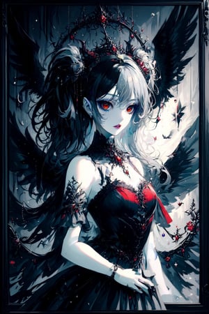 dress, border, sensual image of a beautiful female demon, large black feathered wings, satanic symbology, black red and grey colors, Decora_SWstyle,SelectiveColorStyle,1colorpop
