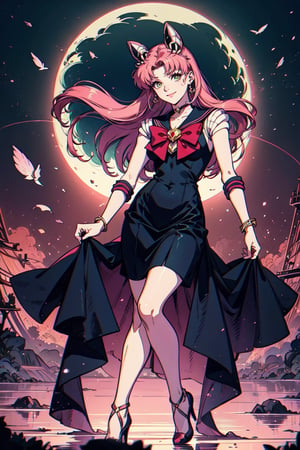 1 witch doing a spell, sweet smile, pink hair, bare head, ultra detailed hairstyle, black lace dress and deep neckline to the abdomen, (detailed background), (ultra detailed) , (best quality), complex and complete, magical cinematography, (gradients), colorful and detailed landscape, visual key.,mer1,sailor mars,sailor jupiter,sailor venus,sailor moon chibi