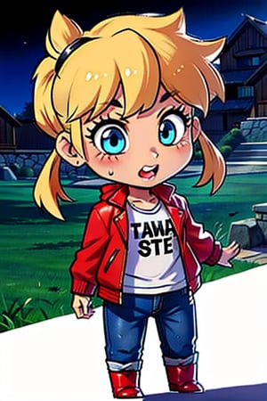 1 girl, blonde hair, two pigtails, blue eyes,red leather jacket, white t-shirt, jeans, black boots, solo, (medium_shot:1.4),(masterpiece:1.4(bestquality:1.4),extremely_beautiful_detailed_anime_face_and_eyes,an extremely delicate and beautiful,super_deformed,nas,ninja,3D