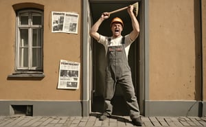 1 worker, in overalls, gray cosplay hat, hangs up an election campaign poster, with paste and roller, broom as usual in 1970, ("SPD enttäuscht nicht"), detailed writing, background houses from the old day laborer town of Düsburg, red, hopeless, sad, analogue film, HD, 4k, photorealistic, Energetic, angry, energetic