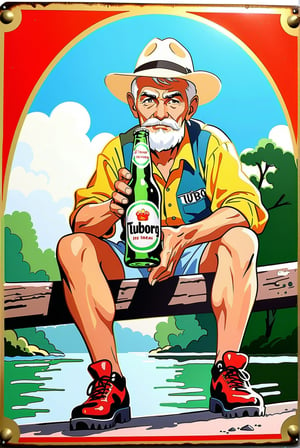 "Tuborg Pilsener" advertising sign, the thirsty man, a 65-year-old man takes a break on a bridge, the day is hot, classic historical, advertising sign, enamel metal sign, very nice design, good image layout, makes you want to drink beer, original company color, green