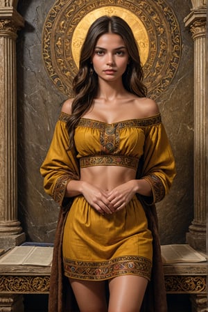 Vatican Bible Library (hyperrealistic), reading corner, ,Slavic girl, resemblance to Emily Ratajkowski, sexy pose, full body, standing, caramel skin,, on skin, traditional clothing, 16th century aboriginal tribe, (((belly exposed))), round face, curved lips, yellow-brown eyes, big eyes, big pupils, large pelvis, medium-sized breasts, narrow waist, healthy thighs, height 175 cm, 23 years old, alone, fawn hair, full body, realistic, better photography, focus on background