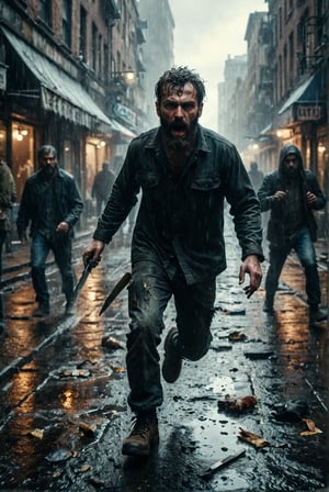 Bearded man with knife attacks, friendly, with indifferent passers-by, knife attacks, pedestrian zone, normal, equal validity, zombies running through the street. In the middle of a rain-soaked alley
