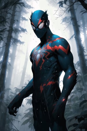 Spider-Man from Marvel comics, foggy, rain forest, trees, rain