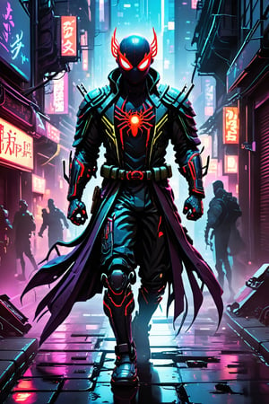Spider-Man, from the Marvel comics, can be imagined in a dystopian urban setting, where a cybernetically enhanced street is adorned with high-tech armor. He strides through neon-lit alleys, casting a cascade of shadows and vibrant light on his gleaming blades and cybernetic implants. This creates a silhouette that defines a modern warrior. The contrast between traditional samurai aesthetics and futuristic cyberpunk elements creates a visual narrative that captures the resilience and adaptability of a modern superhero amidst the chaos of a metropolis. The prompt invites us to create a hyper-realistic image of a street samurai, navigating the gritty streets and symbolizing the coexistence of tradition and technology.