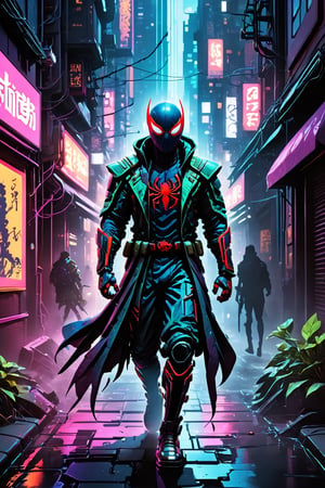 Spider-Man, from the Marvel comics, can be imagined in a dystopian urban setting, where a cybernetically enhanced street is adorned with high-tech armor. He strides through neon-lit alleys, casting a cascade of shadows and vibrant light on his gleaming blades and cybernetic implants. This creates a silhouette that defines a modern warrior. The contrast between traditional samurai aesthetics and futuristic cyberpunk elements creates a visual narrative that captures the resilience and adaptability of a modern superhero amidst the chaos of a metropolis. The prompt invites us to create a hyper-realistic image of a street samurai, navigating the gritty streets and symbolizing the coexistence of tradition and technology.