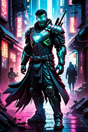 Iron Man, from the Marvel comics, can be imagined in a dystopian urban setting, where a cybernetically enhanced street is adorned with high-tech armor. He strides through neon-lit alleys, casting a cascade of shadows and vibrant light on his gleaming blades and cybernetic implants. This creates a silhouette that defines a modern warrior. The contrast between traditional samurai aesthetics and futuristic cyberpunk elements creates a visual narrative that captures the resilience and adaptability of a modern superhero amidst the chaos of a metropolis. The prompt invites us to create a hyper-realistic image of a street samurai, navigating the gritty streets and symbolizing the coexistence of tradition and technology.