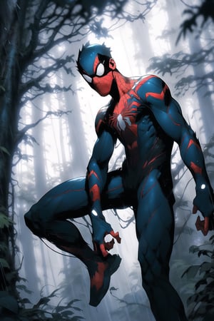Spider-Man from Marvel comics, foggy, rain forest, trees, rain