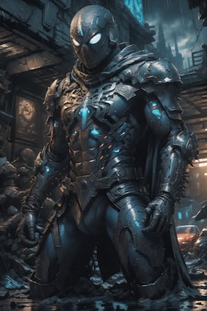 Spider-Man from Marvel comics, Advance armored, background dark space battlefield, heavy rain, blue glowing lined simple armor plate, dark environment, Advance mask, intense war, wealding Chinese futuristic sword,
