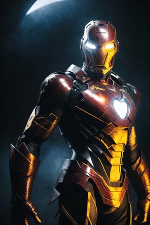 Iron Man from Marvel comics, Advance futuristic armored, background dark space battlefield, heavy rain, blue glowing lined simple armor plate, dark environment, Advance mask, intense war, wealding Chinese futuristic sword, random camera angle,Dancer_of_the_Boreal_Valley
