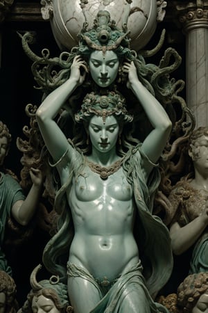 Perseus holding up Medusa's head in front of the sea monster, causing it to instantly turn into a crumbling green stone statue.
,cf,renaissance,Fantasy,FFIXBG