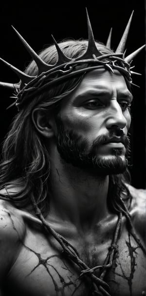 Prompt:
charcoal drawing of Christ's face, head bowed, dirty and wounded, eyes closed, crown of thorns on his head, moody expression, in pain, black hair, dark background, black and white, messy charcoal, insanely detailed, deep color, splash screen, fantasy concept art
