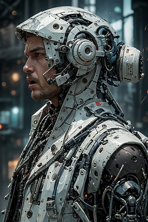 A dark-amber translucent hose wraps around the cyberpunk mech soldier Snake's mechanical neck, as he screams in rage with a half-robot face. His pastell-bleached red linen scarf billows behind him like smoke amidst high translucent blue waves and dense misty fog. The vibrant blue sky with billowing clouds serves as a backdrop to this cinematic composition, with atmospheric haze adding depth and mystery. The camera zooms in for a close-up portrait of Snake's furious face, his high collar and raw mechanical features starkly lit by soft illumination, evoking a sense of gritty realism in 8K UHD.