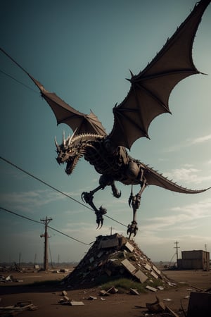 Ultra-realistic, hyper detailed and very sharp photographic representation of a towering, intricately constructed mechanical flying dragon standing atop a mound of discarded metal and debris. The flying dragon appears to be made of various metal parts, wires, and tools, giving it a skeletal and mechanical appearance. The background is overcast, adding a somber and post-apocalyptic feel to the scene, cinematic stil, wes anderson, 32k resolution