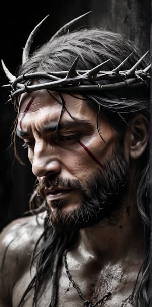 Prompt:
charcoal drawing of Christ's face, head bowed, dirty and wounded, eyes closed, crown of thorns on his head, moody expression, in pain, black hair, dark background, black and white, messy charcoal, insanely detailed, deep color, splash screen, fantasy concept art