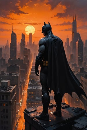 A dystopian metropolis sprawls across the canvas, its sleek skyscrapers and neon-lit billboards illuminated by a fiery orange sunset. A lone figure, batman, stands atop a crumbling rooftop, gazing out at the desolate landscape as if contemplating the future. Soft brushstrokes blend with thick oil pigments to create a textured, atmospheric scene. ,best quality, masterpiece,