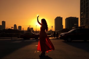 At sunset, the orange-red sky and the silhouettes of high-rise buildings.) (A steady flow of people on the sidewalk.) (A young woman in a red dress stands at the intersection, making a gesture of one hand  holding the sun with her hands through dislocation. Gold The sunlight shines from behind her, giving her silhouette a halo.