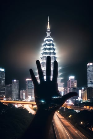 Silhouette silhouette of a hand with 5 fingers, superimposed within the silhouette is the Taipei 101 building, Taipei streets on the road, tilt shift double exposure photography, night background