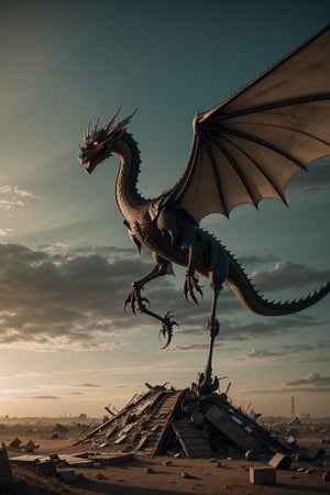 Ultra-realistic, hyper detailed and very sharp photographic representation of a towering, intricately constructed mechanical flying dragon standing atop a mound of discarded metal and debris. The flying dragon appears to be made of various metal parts, wires, and tools, giving it a skeletal and mechanical appearance. The background is overcast, adding a somber and post-apocalyptic feel to the scene, cinematic stil, wes anderson, 32k resolution